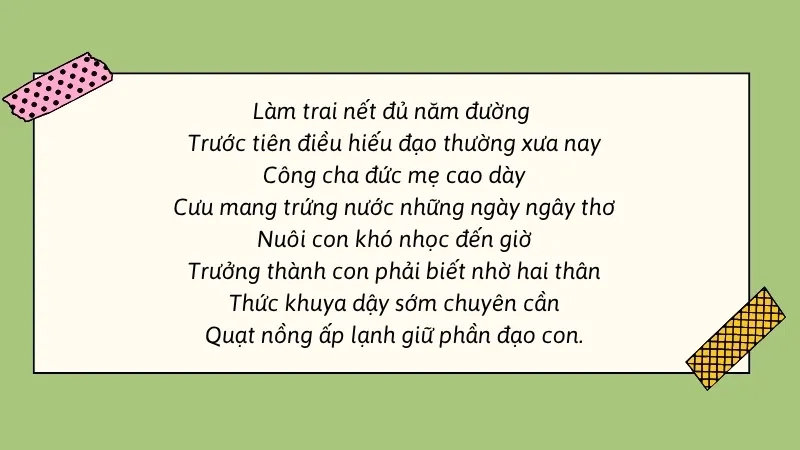 Làm trai nết đủ năm đường Trước tiên điều hiếu đạo thường xưa nay