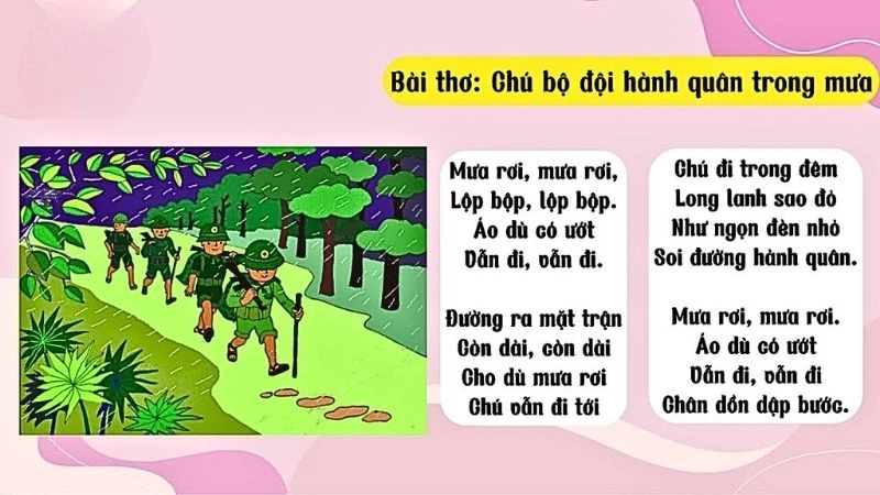 Bài thơ Chú bộ đội hành quân trong mưa khắc họa hình ảnh người lính dũng cảm