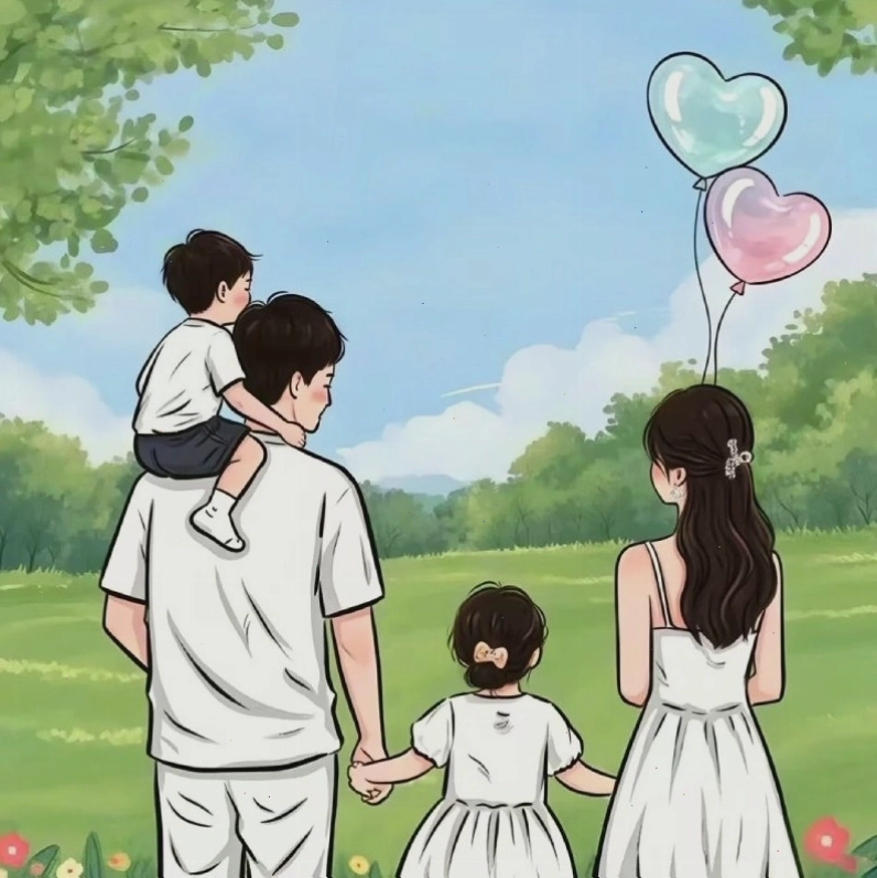 Ảnh gia đình 4 người anime với 2 con gái vui vẻ bên nhau