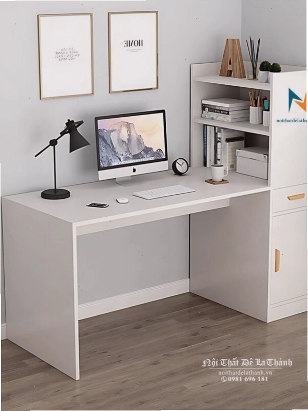 Bàn học màu trắng có tủ đựng đồ và giá sách cho học sinh cấp 2, cấp 3