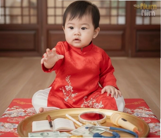 Bé gái xinh xắn trong lễ thôi nôi với trang phục truyền thống