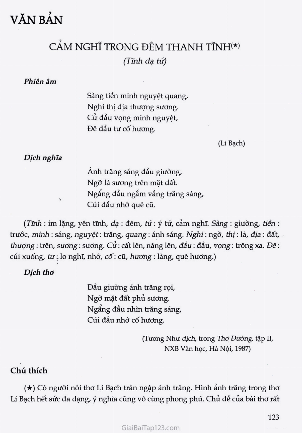 Cảm nghĩ trong đêm thanh tĩnh (Tĩnh dạ tứ) trang 2
