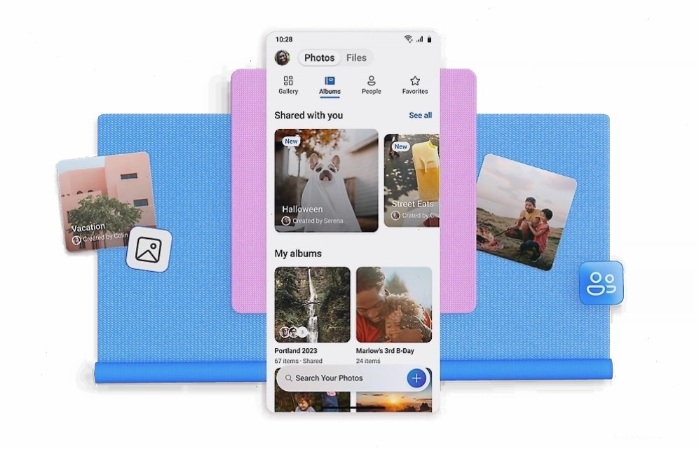 Điện thoại thông minh hiển thị thư viện ảnh cá nhân được lưu trữ trên OneDrive