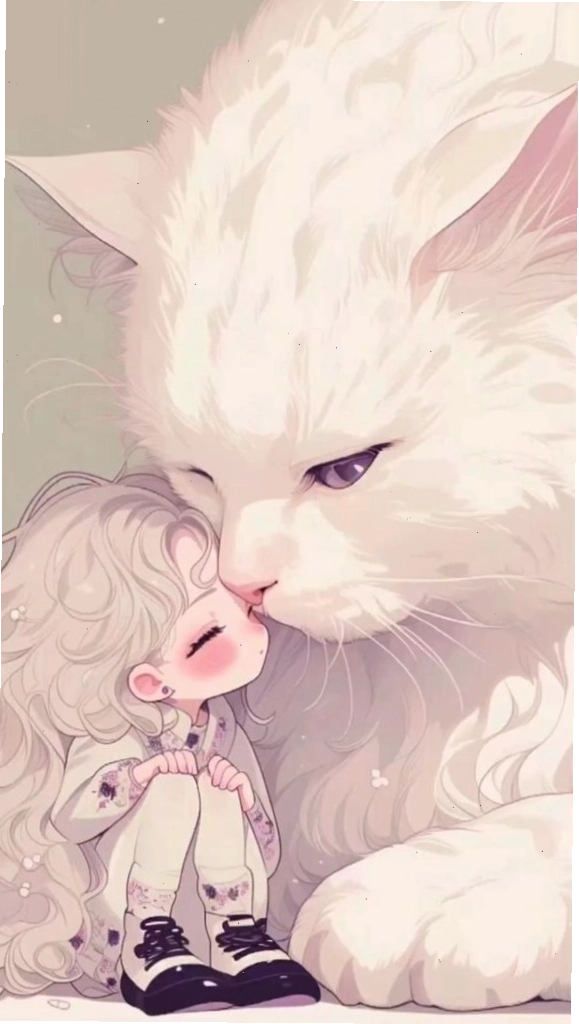 Hình nền mèo trắng bên cô bé, tạo sự gắn kết dễ thương