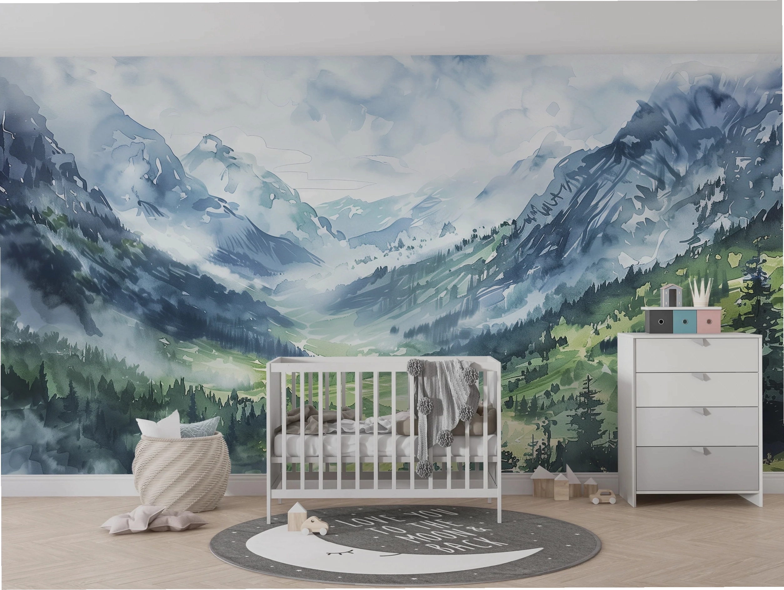 Green and blue mountain valley mural for nursery decor