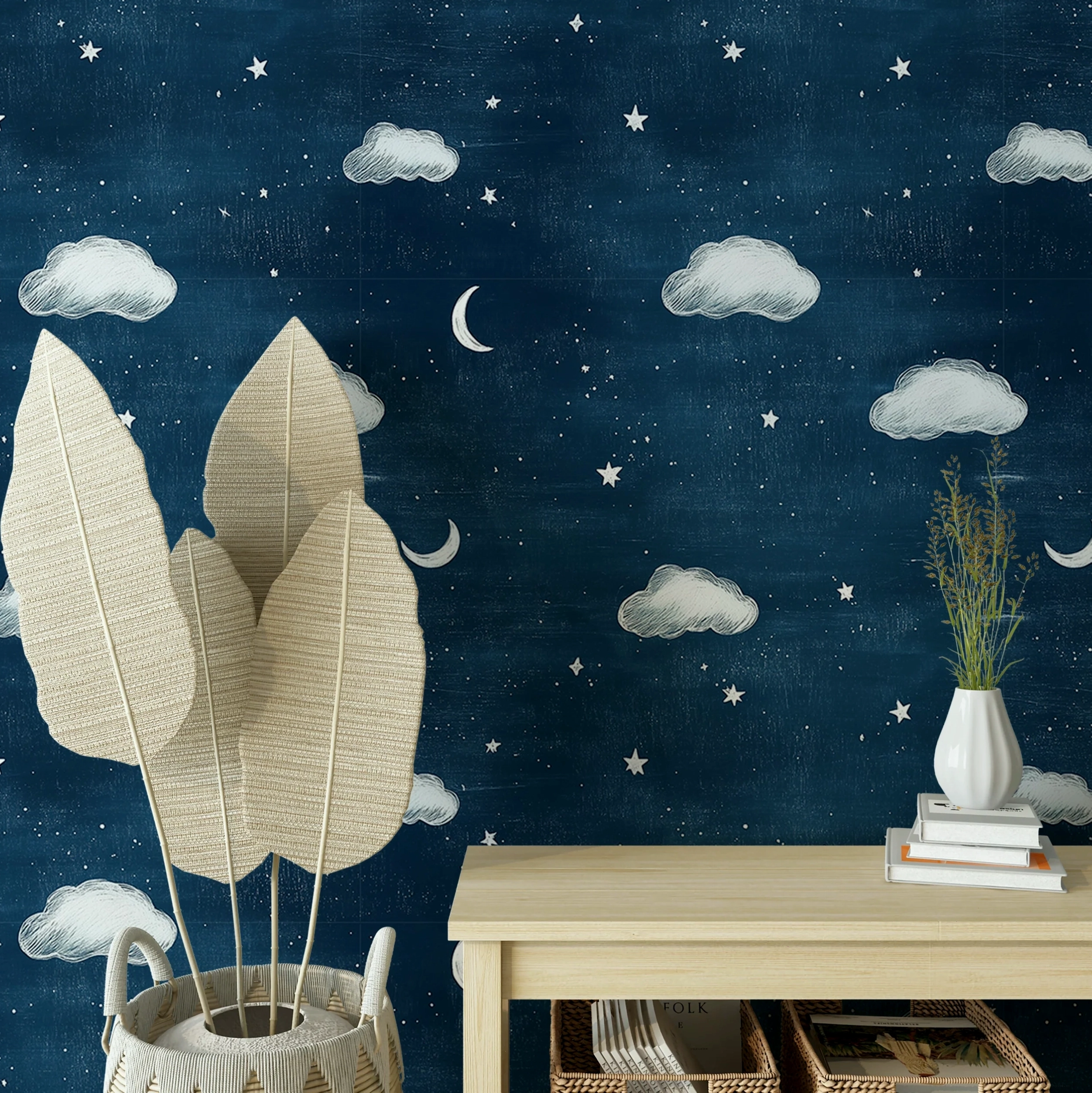 Nursery dark blue stars and clouds wallpaper for celestial decor